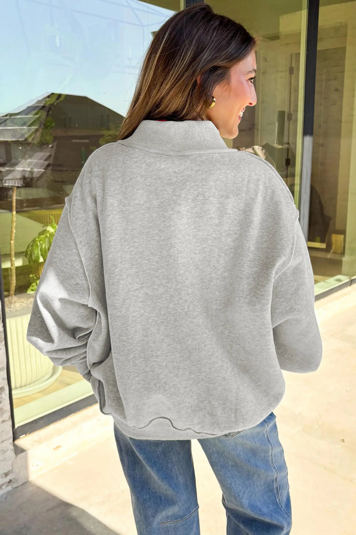 Mock Neck Graphic Print Reversible Sweatshirt – Light Grey