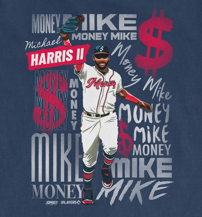 Illustration of a man in a baseball uniform with "Money" on the chest, surrounded by "Money Mike" and dollar sign graphics on a Comfort Colors tee.