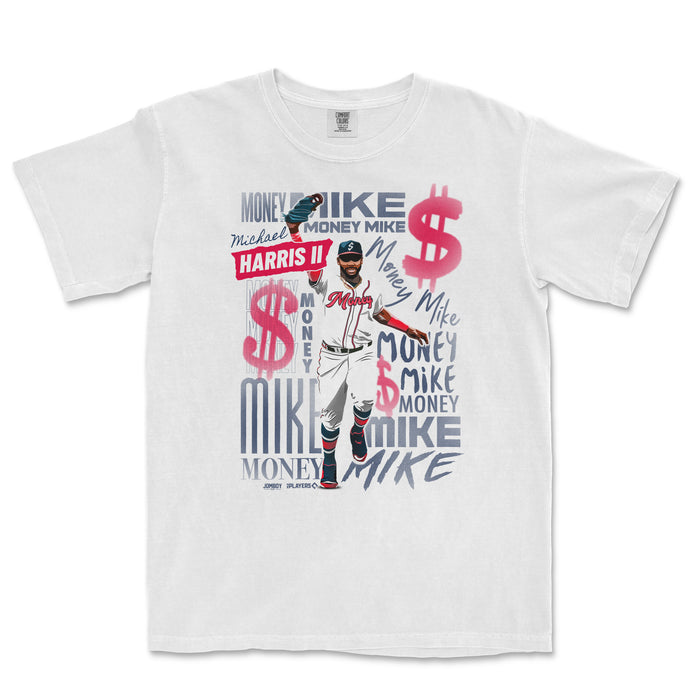 White Comfort Colors T-shirt featuring a graphic of a rapper with "Money Mike" text, dollar signs, and "Harris II" label in red.
