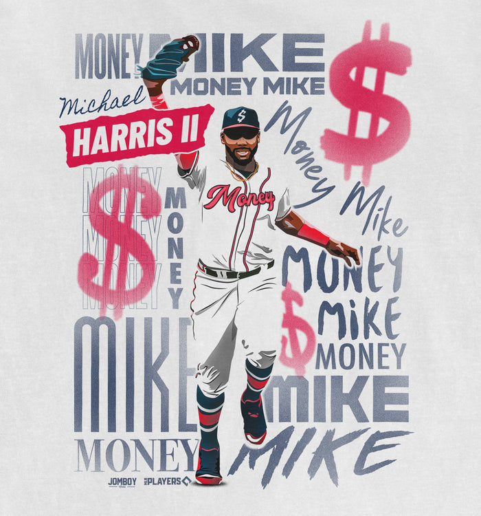 Illustration of a man in a baseball uniform with "Money" written on his chest, surrounded by "Money Mike" and dollar sign graphics.