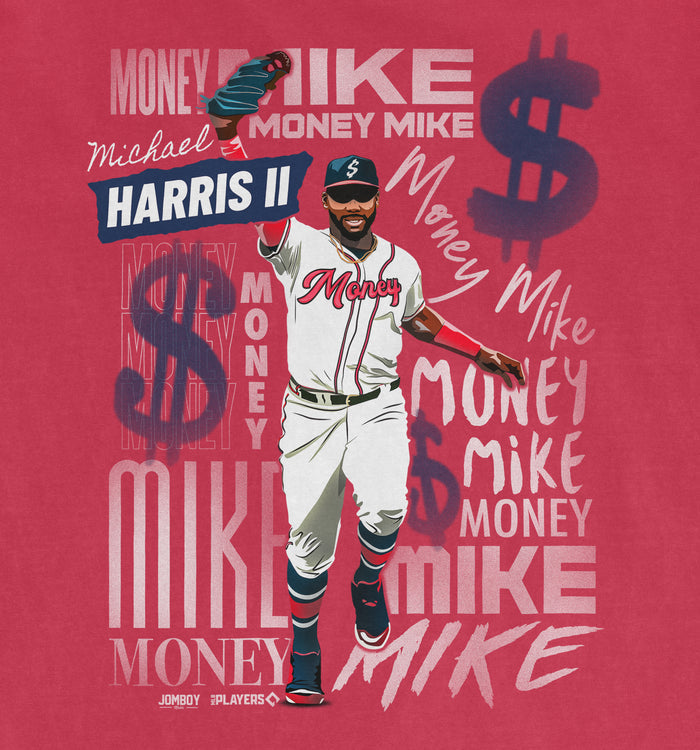 Illustration of a baseball player in a white uniform with "Money" on the chest, surrounded by "Money Mike" and dollar sign graphics on a red Comfort Colors tee.