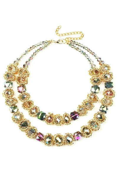 Multicolor Mae double-row statement necklace with faceted multicolor stones in gold-tone settings.