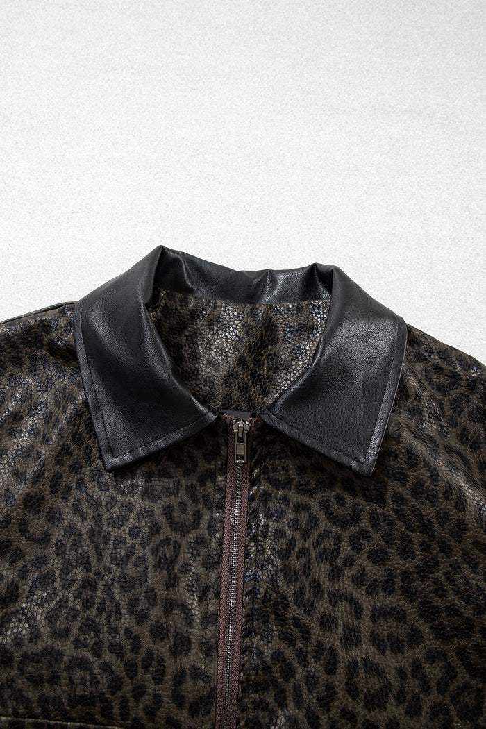 Multicolour Leopard Print Colorblock Collar Metal Placket Jacket