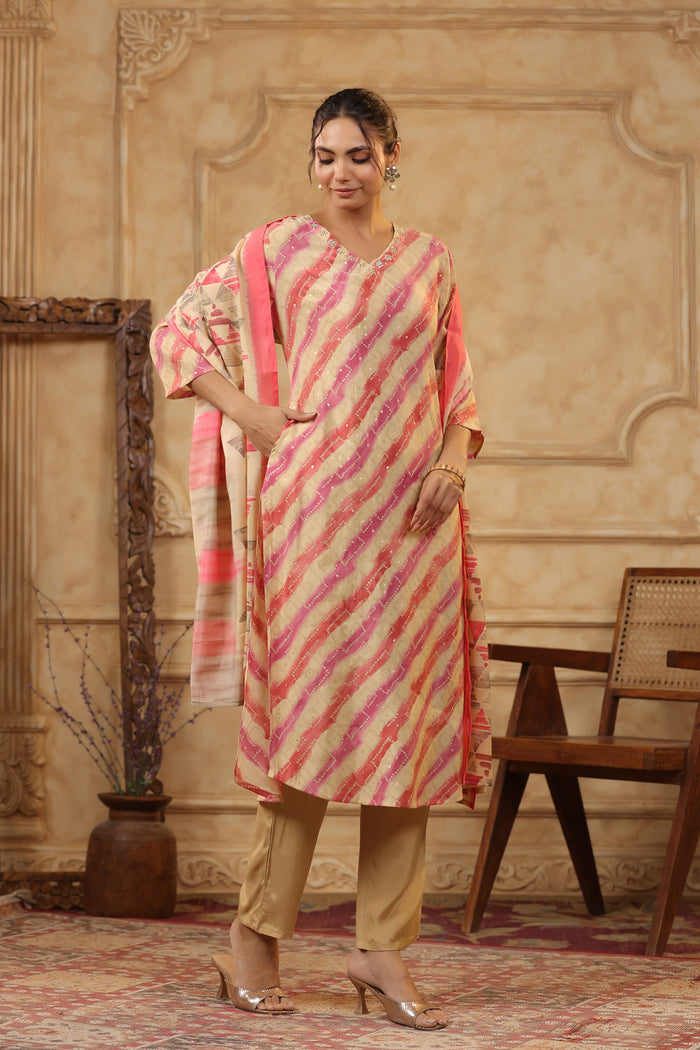 Multicolour Traditional Leheriya Printed Russian Kurta Pant Set with Dupatta