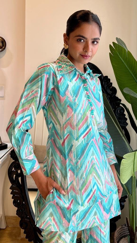 Muslin Silk Coord Set- Green Leheriya
