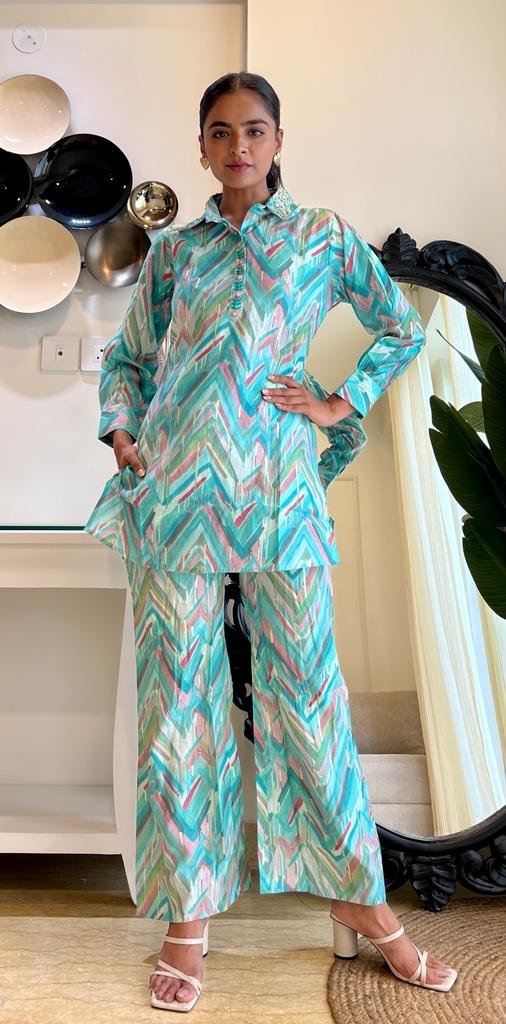 Muslin Silk Coord Set- Green Leheriya
