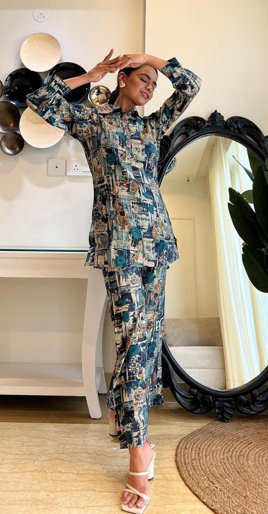 Muslin Silk Coord Set- Navy Mix