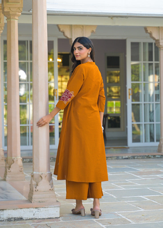 Mustard Ethnic Motif Embroidered Kurta Pant Set with Dupatta
