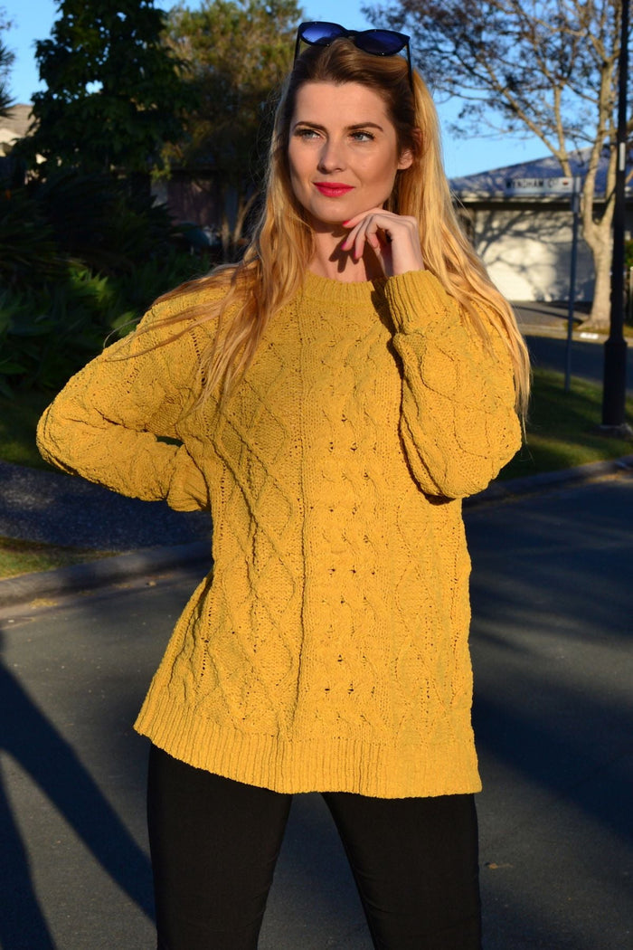 Mustard yellow chain stitch knit tunic jumper from Cafe Latte, featuring a cozy, textured knit fabric and a relaxed fit.