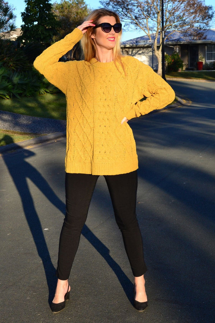 Mustard yellow chain stitch knit tunic jumper by Cafe Latte, featuring a cozy, textured design and relaxed fit.