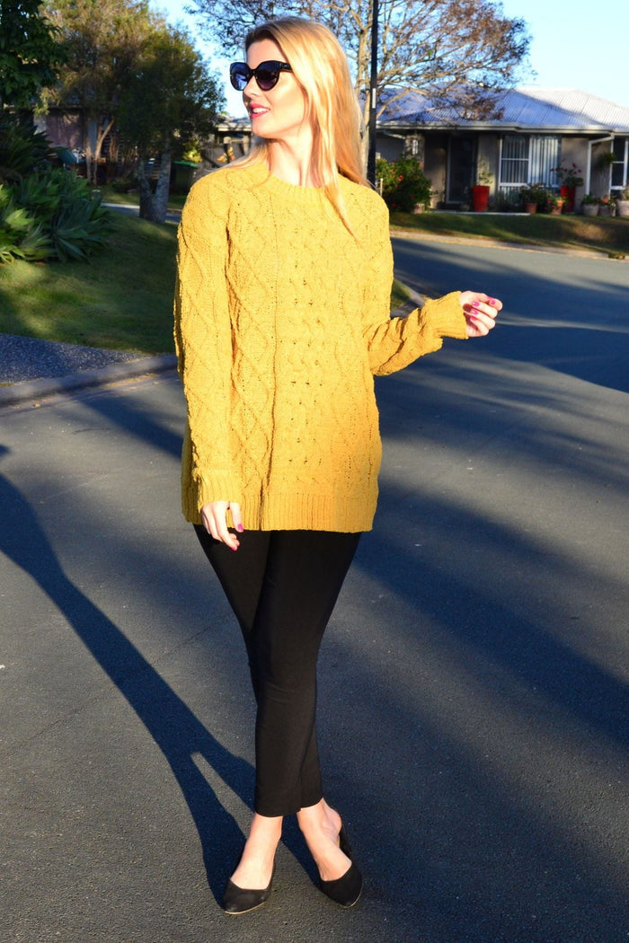 Mustard yellow chain stitch knit tunic jumper by Cafe Latte, close-up view of the textured fabric and relaxed fit.