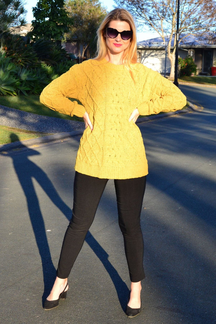 Mustard yellow chain stitch knit tunic jumper from Cafe Latte, featuring a cozy, textured design and relaxed fit.
