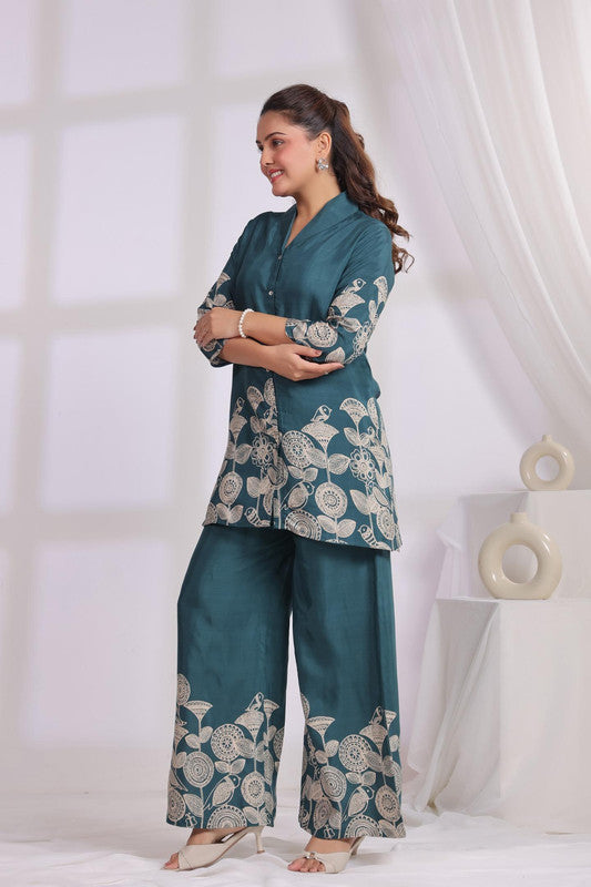 Mystic Leaf Printed Green Russian Silk Co-ord Set