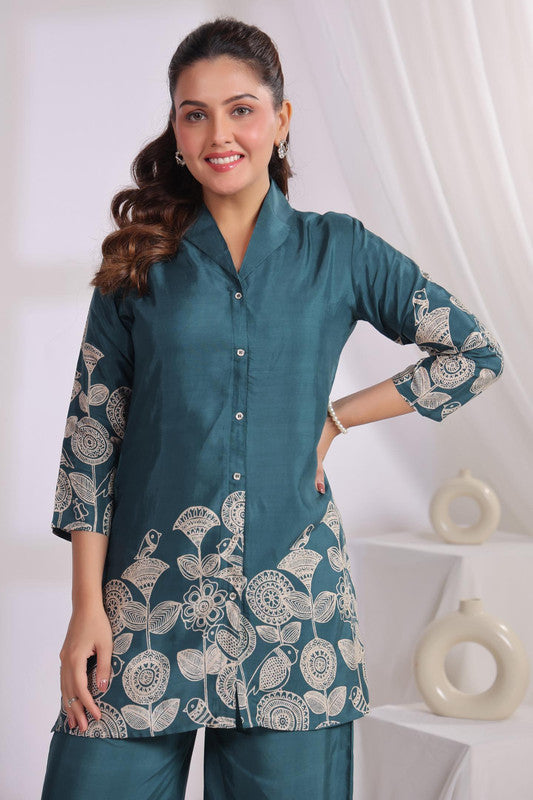Mystic Leaf Printed Green Russian Silk Co-ord Set