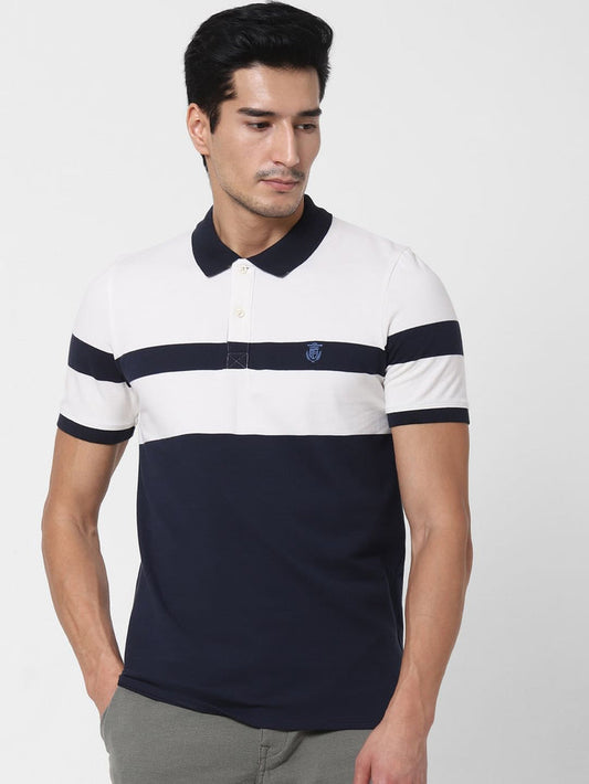 Navy Blue Colourblocked Polo Neck T-Shirt