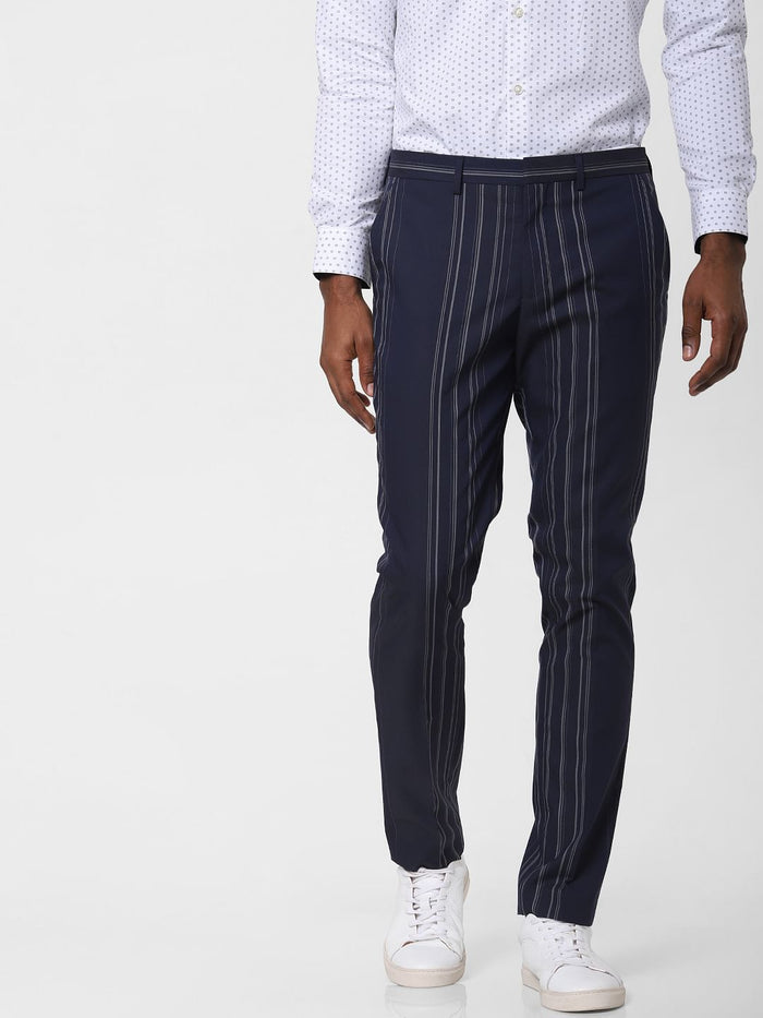 Navy Blue Striped Formal Trousers