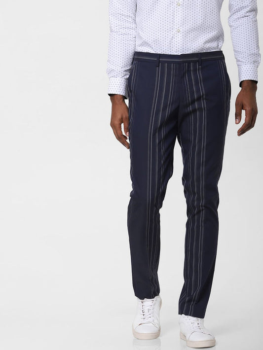 Navy Blue Striped Formal Trousers