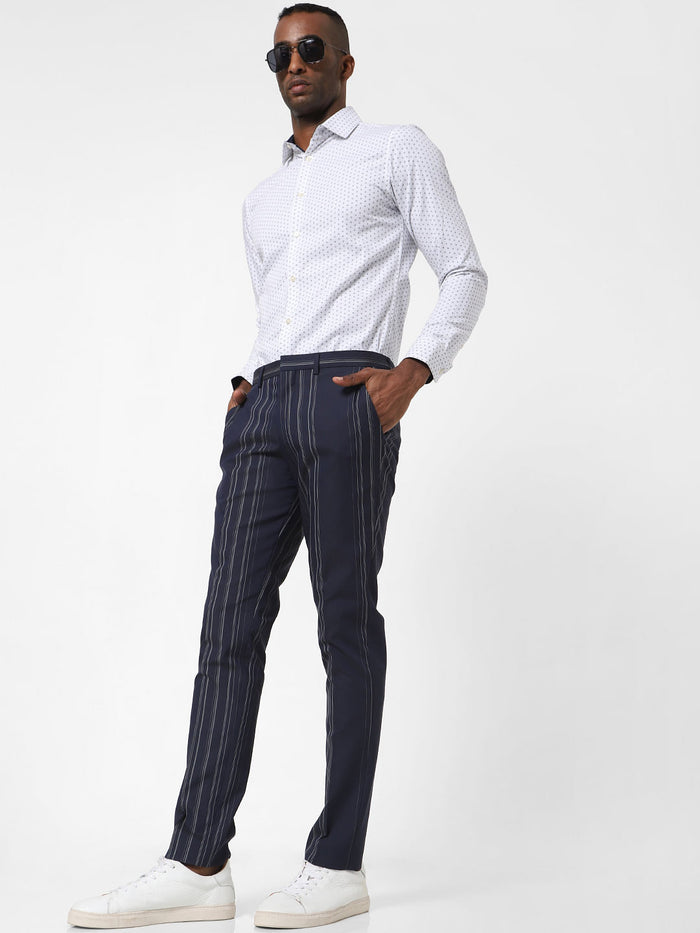 Navy Blue Striped Formal Trousers