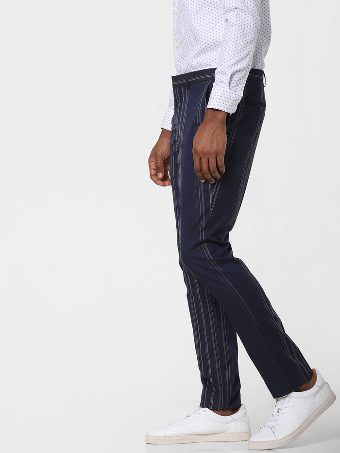 Navy Blue Striped Formal Trousers