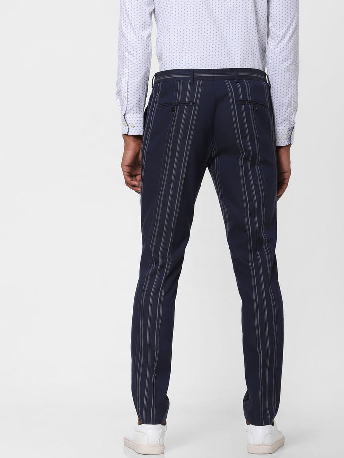 Navy Blue Striped Formal Trousers