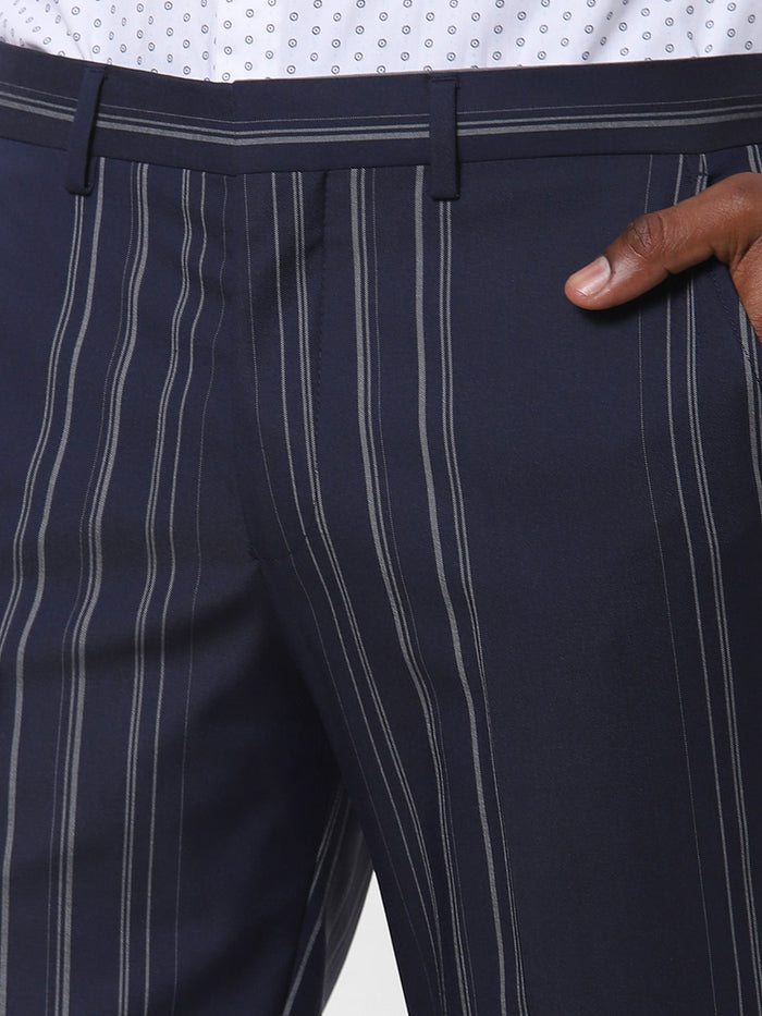 Navy Blue Striped Formal Trousers