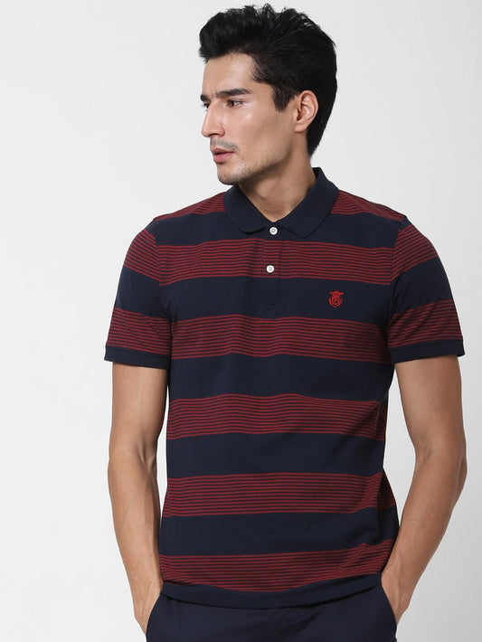 Navy Blue Striped Polo Neck T-Shirt