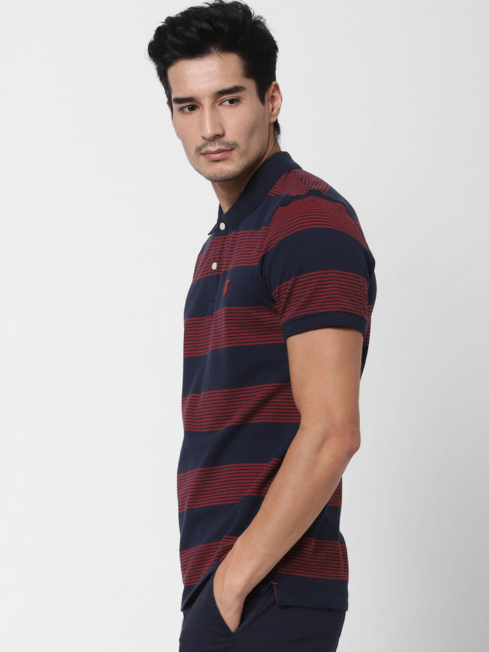 Navy Blue Striped Polo Neck T-Shirt