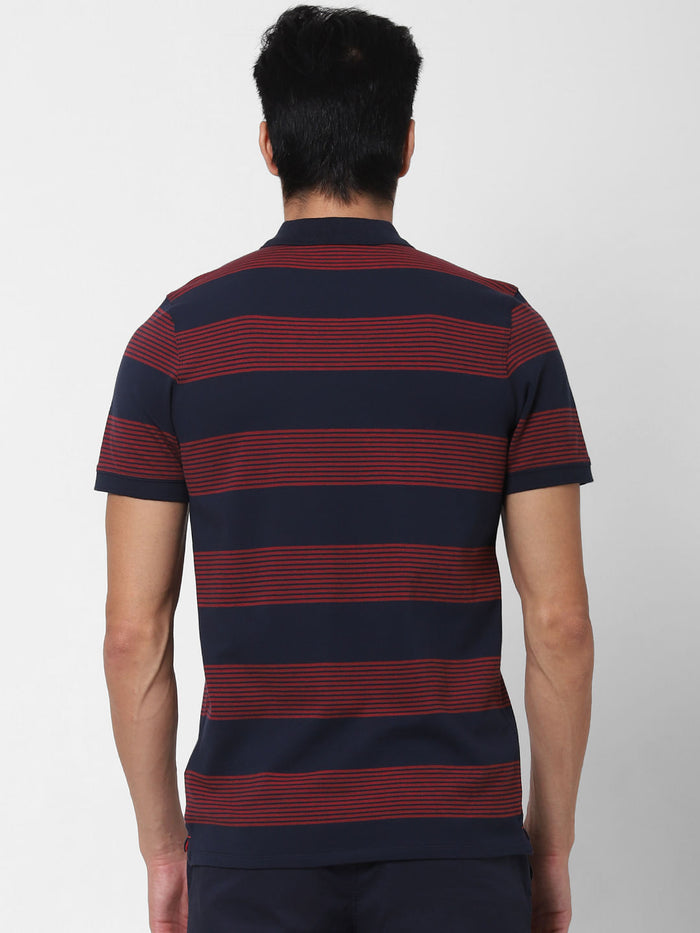 Navy Blue Striped Polo Neck T-Shirt
