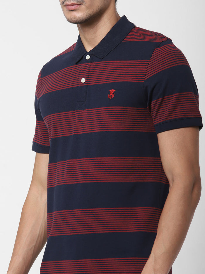 Navy Blue Striped Polo Neck T-Shirt