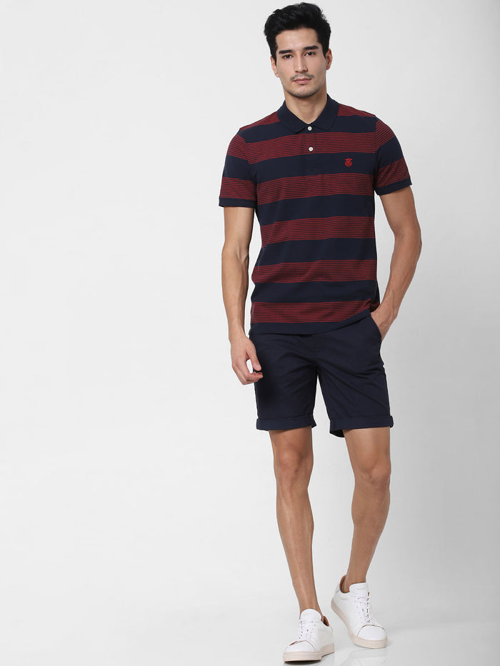 Navy Blue Striped Polo Neck T-Shirt