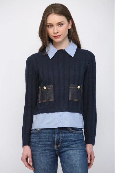 Navy Denim Patch Pocket Detail Twofer Sweater - Born To Glam
