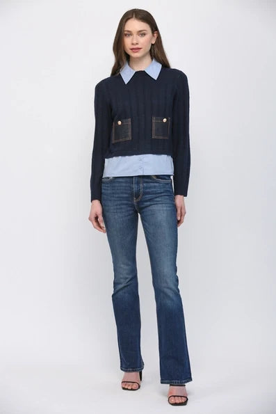 Navy Denim Patch Pocket Detail Twofer Sweater - Born To Glam