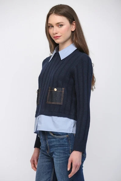 Navy Denim Patch Pocket Detail Twofer Sweater - Born To Glam