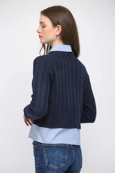 Navy Denim Patch Pocket Detail Twofer Sweater - Born To Glam