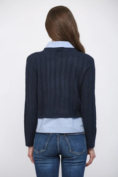 Navy Denim Patch Pocket Detail Twofer Sweater - Born To Glam