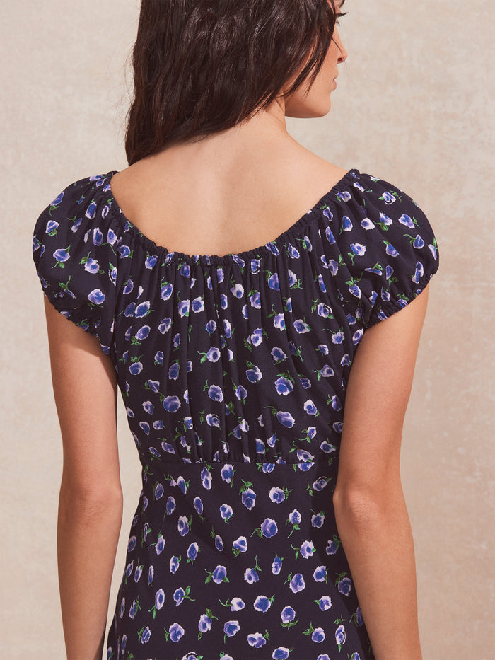 Navy Floral-Print Gathered-Neck Midi Dress