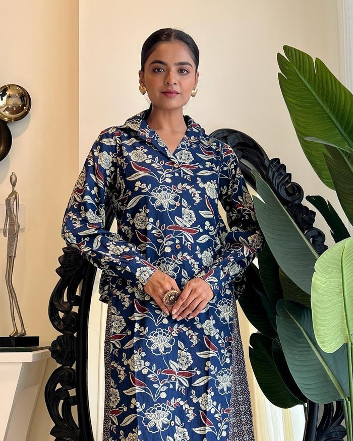 Navy Floral Side Cut Coord Set