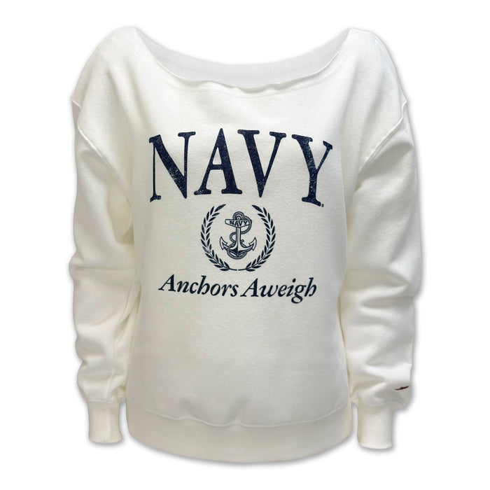 Navy Ladies Tiffany Off the Shoulder Sweatshirt (White)