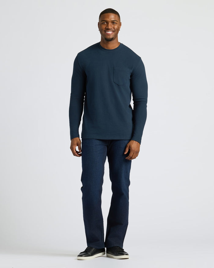 Man models Black & Navy Tall Heavyweight Long Sleeve Pocket Crew.