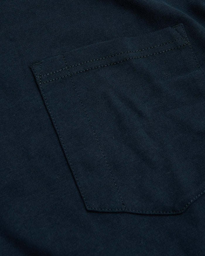 Navy Tall Heavyweight Long Sleeve Pocket Crew showcasing stitched front pocket.