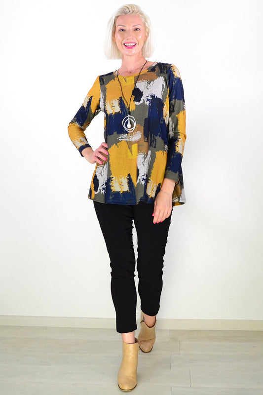 Navy Yellow Khaki Paint Splash Tunic Top