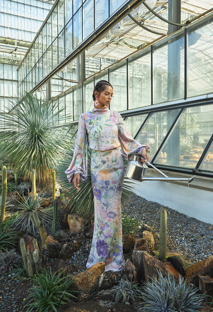 nichii x NURITA HARITH Serene Floral Draped Funnel Collar Maxi Dress