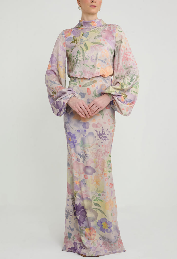 nichii x NURITA HARITH Serene Floral Draped Funnel Collar Maxi Dress