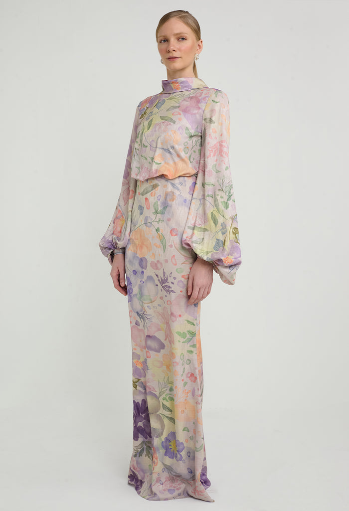 nichii x NURITA HARITH Serene Floral Draped Funnel Collar Maxi Dress