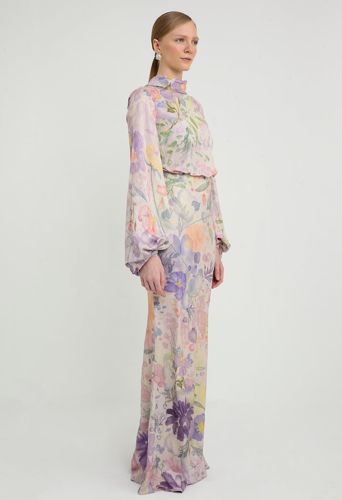 nichii x NURITA HARITH Serene Floral Draped Funnel Collar Maxi Dress