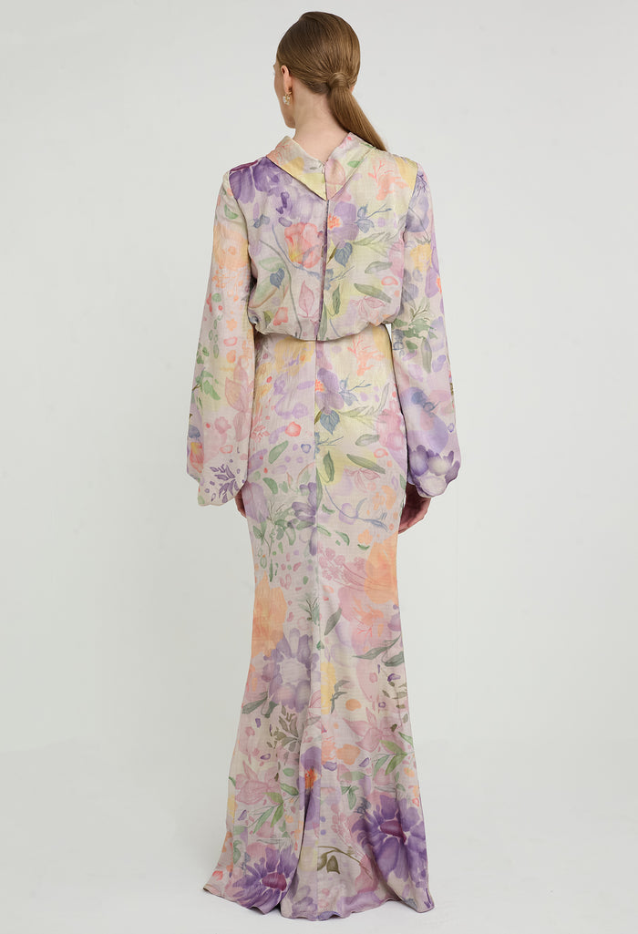 nichii x NURITA HARITH Serene Floral Draped Funnel Collar Maxi Dress