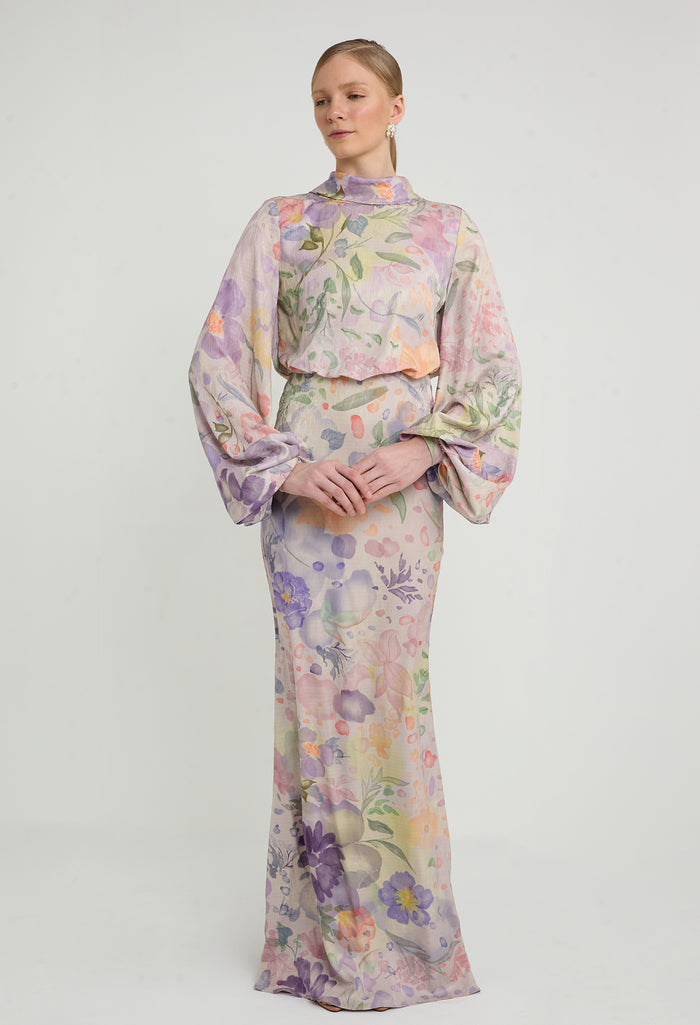 nichii x NURITA HARITH Serene Floral Draped Funnel Collar Maxi Dress
