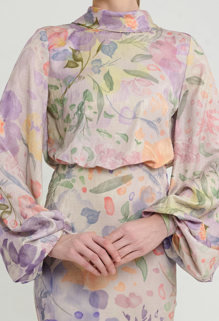 nichii x NURITA HARITH Serene Floral Draped Funnel Collar Maxi Dress