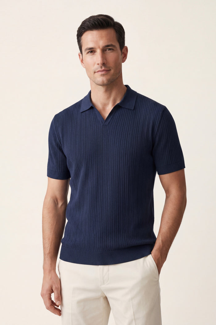 Nicolo Ribbed Knit Polo Navy Blue