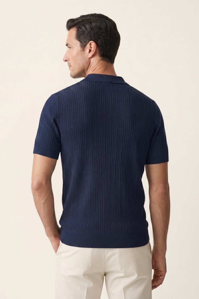 Nicolo Ribbed Knit Polo Navy Blue